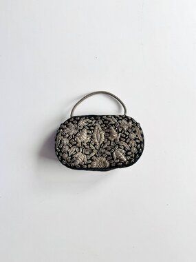 Vintage Black Gold Floral Embroidered Velvet Small Evening Bag Purse